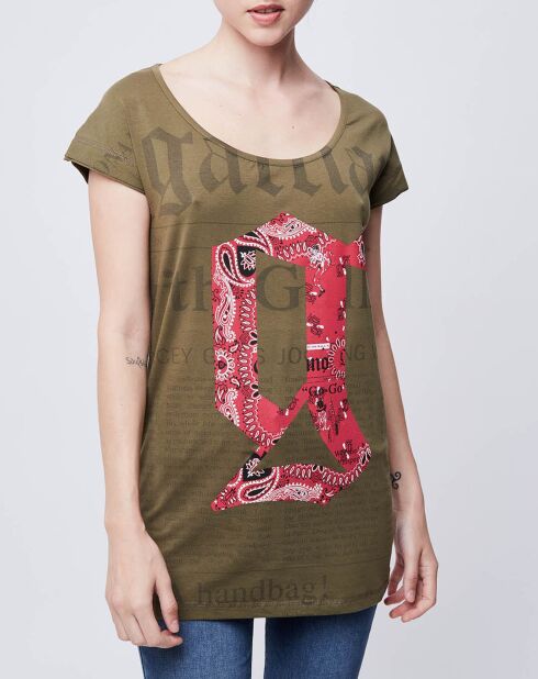 T-Shirt imprimé kaki foncé/rouge