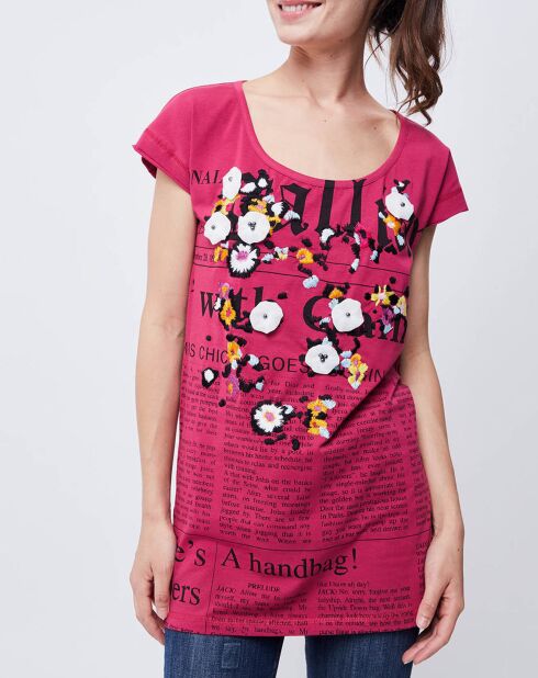 T-Shirt imprimé Gazette avec broderie et perle rose foncé/multicolore