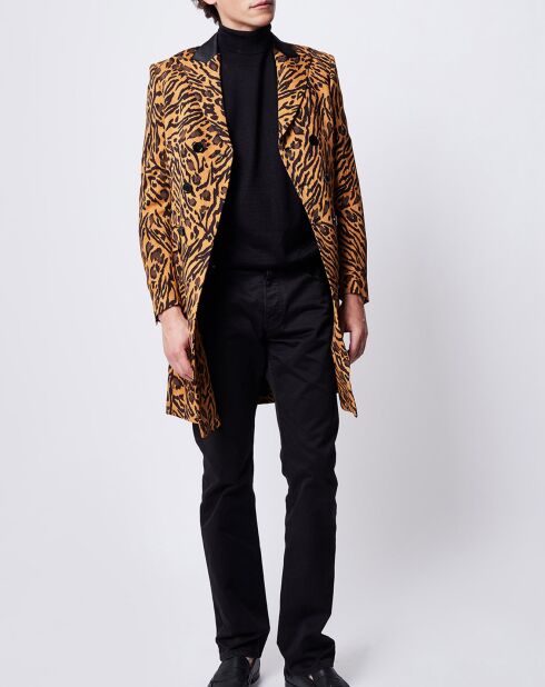 Cappotto doppiopetto marrone con stampa leopardata