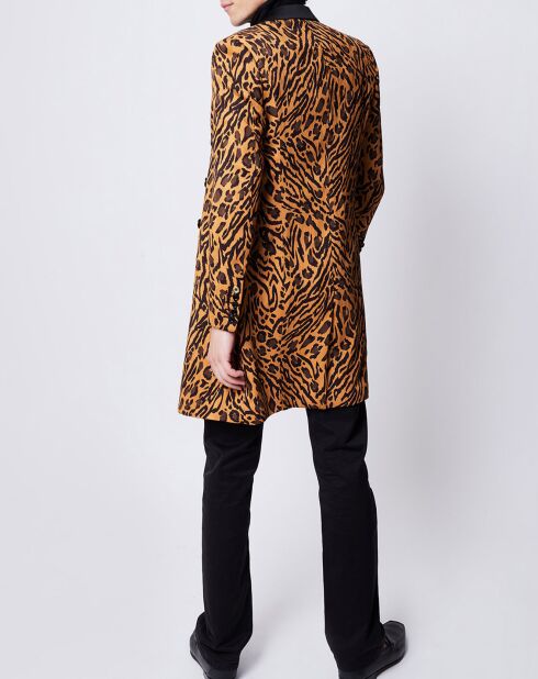 Cappotto doppiopetto marrone con stampa leopardata