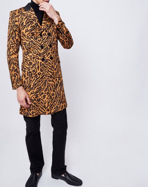 Cappotto doppiopetto marrone con stampa leopardata
