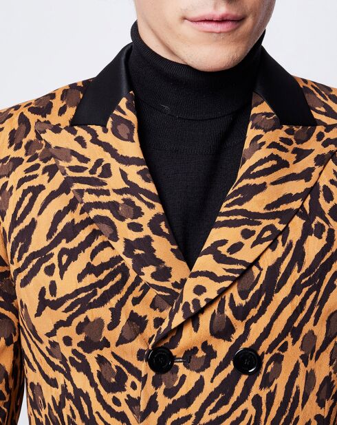 Cappotto doppiopetto marrone con stampa leopardata