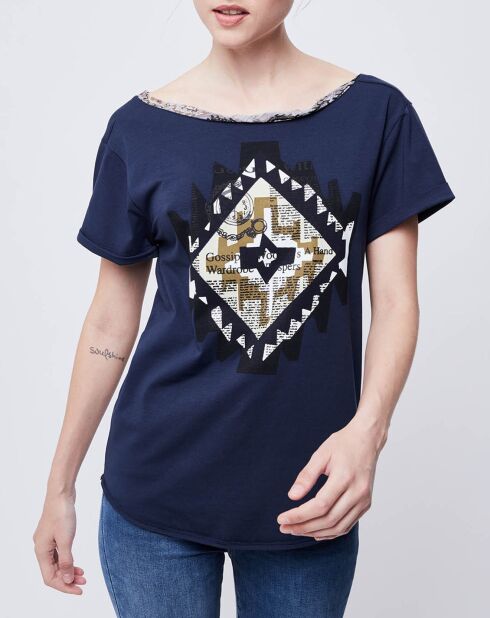 T-Shirt imprimé avec nœud au dos bleu marine/multicolore