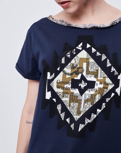 T-Shirt imprimé avec nœud au dos bleu marine/multicolore