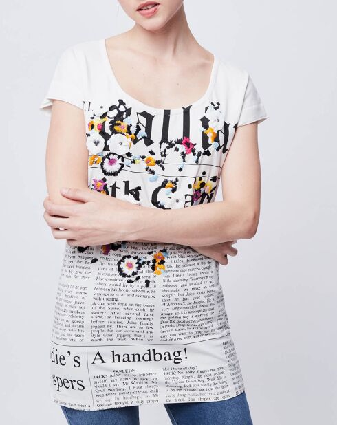 T-Shirt imprimé Gazette et fleurs blanc cassé/multicolore