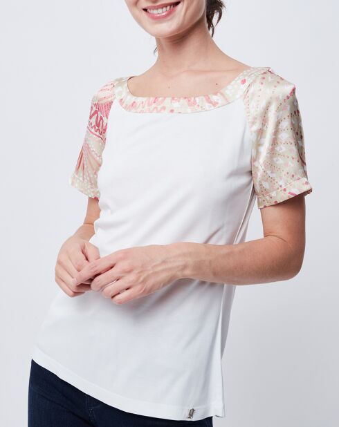 T-Shirt avec empiècements soie blanc cassé/multicolore