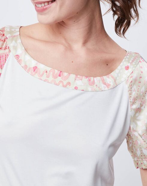 T-Shirt avec empiècements soie blanc cassé/multicolore
