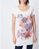 T-Shirt imprimé & perles  blanc cassé/multicolore