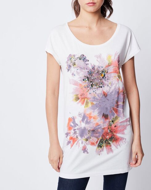 T-Shirt imprimé & perles  blanc cassé/multicolore