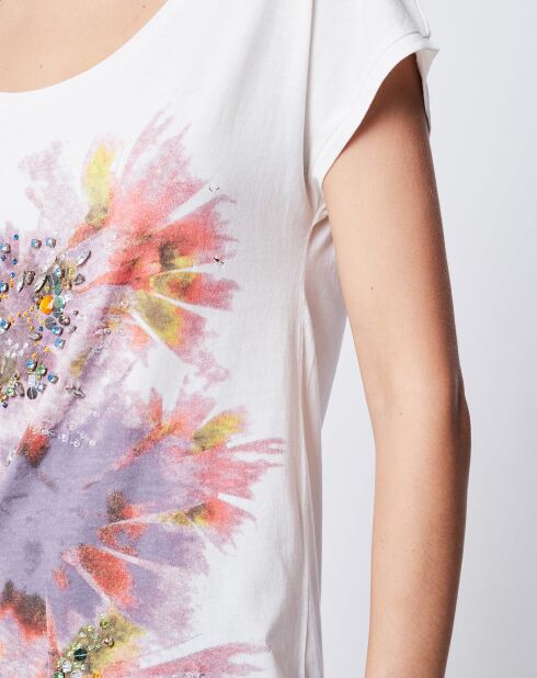 T-Shirt imprimé & perles  blanc cassé/multicolore