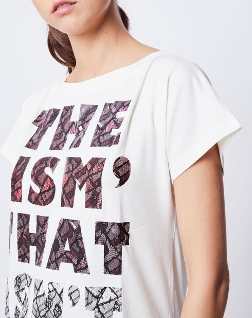 T-Shirt Long imprimé blanc cassé/noir/rose