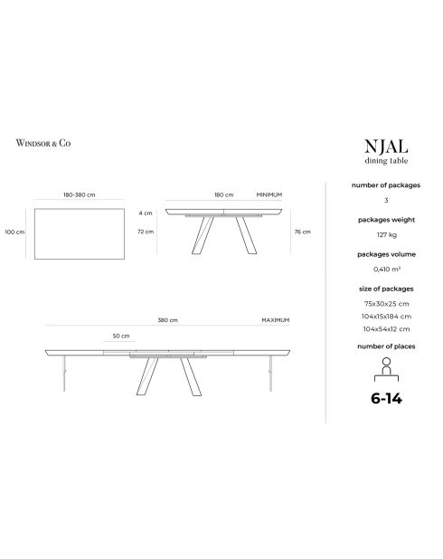 Table extensible Njal bois naturel - 100x180x76 cm