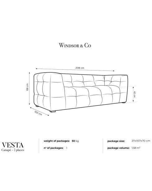 Canapé Velours 2 places Vesta beige - 208x102x68 cm