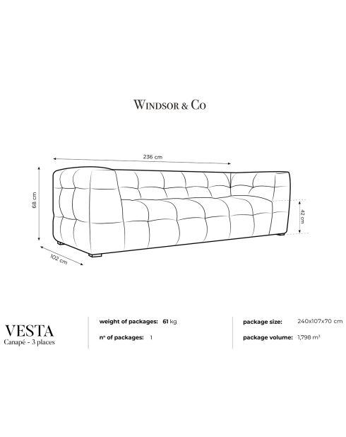 Canapé Velours 3 places Vesta gris - 236x102x68 cm