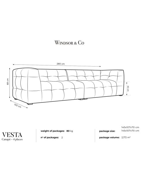 Canapé Velours 4 places Vesta menthe - 280x102x68 cm