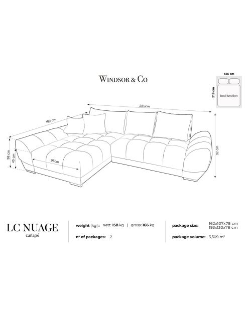 Canapé d'angle Gauche Velours convertible avec coffre de rangement Nuage marron foncé - 285x192x92 cm