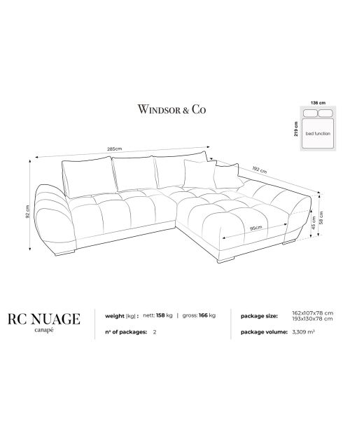 Canapé d'angle droit Velours convertible avec coffre de rangement Nuage vert bouteille - 285x192x92 cm