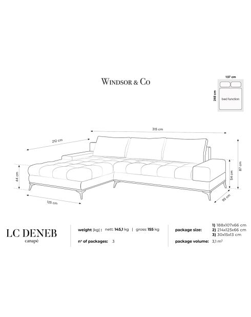 Canapé d'angle Gauche convertible avec coffre de rangement Deneb gris clair - 315x212x87 cm