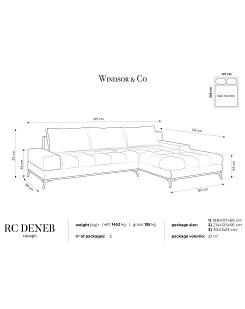 Canapé d'angle droit convertible avec coffre de rangement Deneb vert - 315x212x87 cm