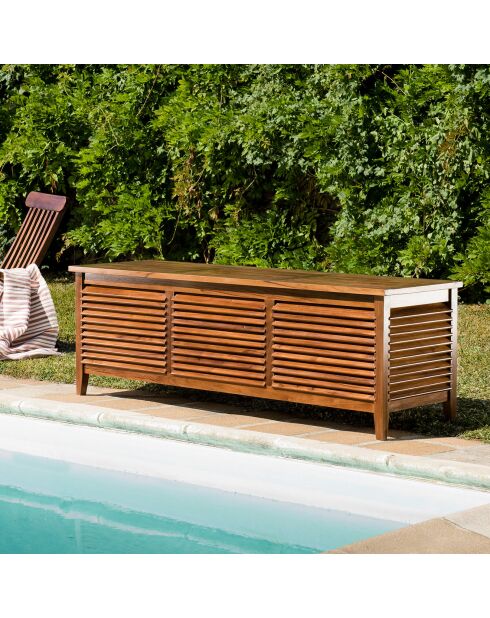 Maeva Pooltruhe aus geöltem Teakholz, geöltes Holz, 200 x 57 x 65 cm