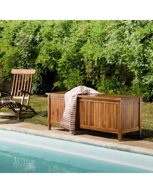 Maeva Pooltruhe aus geöltem Teakholz, geöltes Holz, 165 x 57 x 65 cm