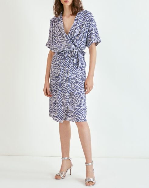 Charly blaues, bedrucktes Leinenmischkleid