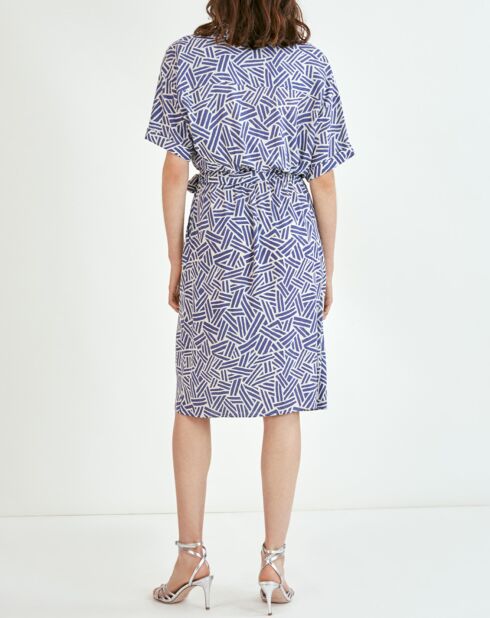 Charly blaues, bedrucktes Leinenmischkleid