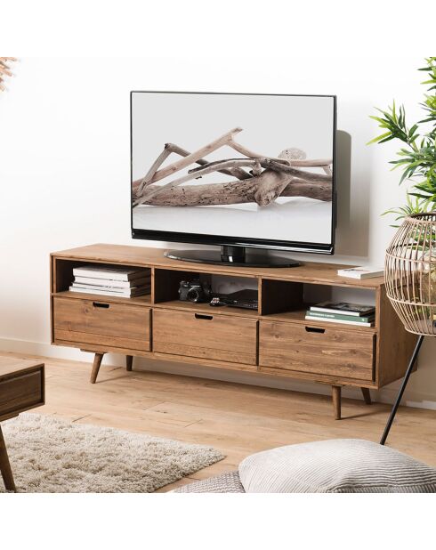 Meuble tv scandinave bois 3 tiroirs 3 niches sapin andy bois - 165x40x60 cm