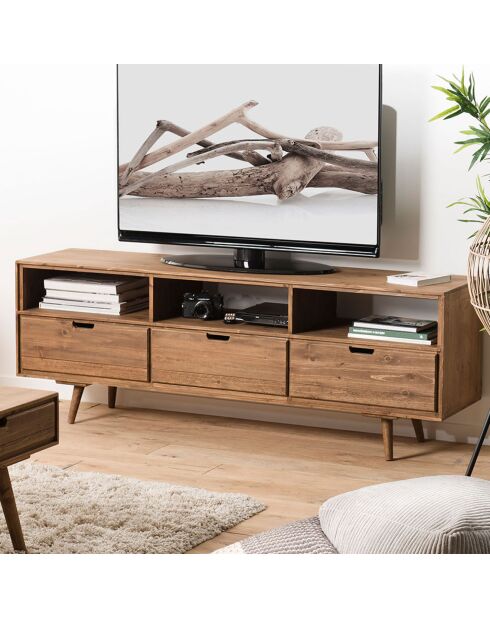 Meuble tv scandinave bois 3 tiroirs 3 niches sapin andy bois - 165x40x60 cm