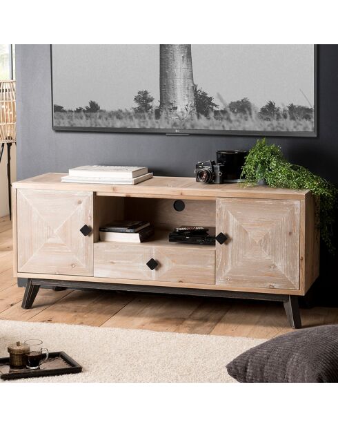 Meuble tv scandinave 2 portes 1 tiroir 1 niche mandy bois - 131x45x57.5 cm