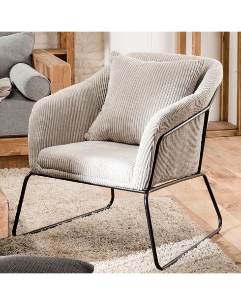 Fauteuil tissu velours cotelé pieds évasés agathe gris perle - 76x78x79 cm