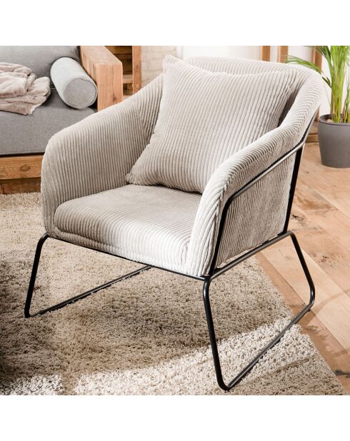 Fauteuil tissu velours cotelé pieds évasés agathe gris perle - 76x78x79 cm