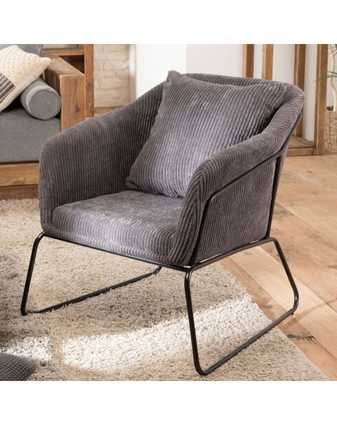 Fauteuil tissu velours cotelé pieds évasés agathe gris anthracite - 76x78x79 cm