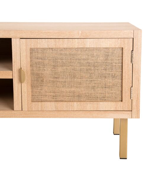 Meuble tv 2 niches 2 portes toile de jute aline bois/dorée - 120x34x46.5 cm