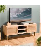 Meuble tv 2 niches 2 portes toile de jute aline bois/dorée - 120x34x46.5 cm