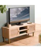 Meuble tv 2 niches 2 portes toile de jute aline bois/dorée - 120x34x46.5 cm