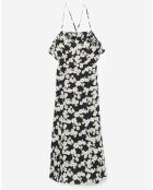 Robe en Soie mélangée à fines bretelles imprimé fleurs noir/blanc
