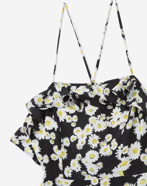 Robe en Soie mélangée à fines bretelles imprimé fleurs noir/blanc