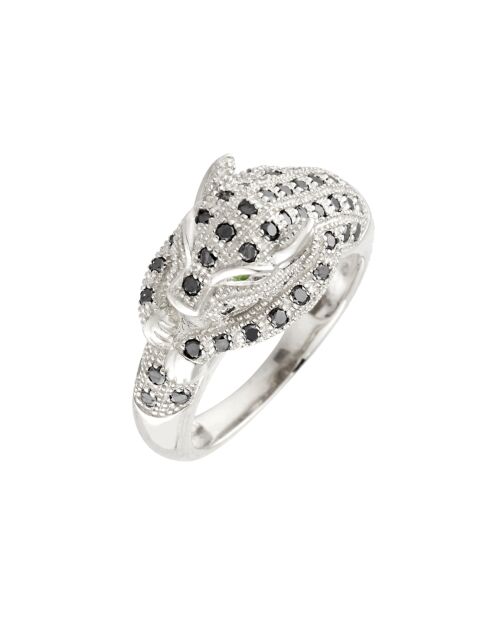 Bague Panthère Noire Diamants Noirs 0.55 ct Emeraudes 0.06 ct or blanc