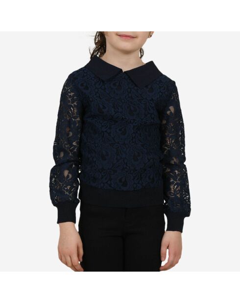 Sweat col claudine en dentelle unie bleu marine