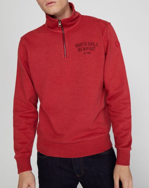 Sweat 1/2 zip coton flammé rouge