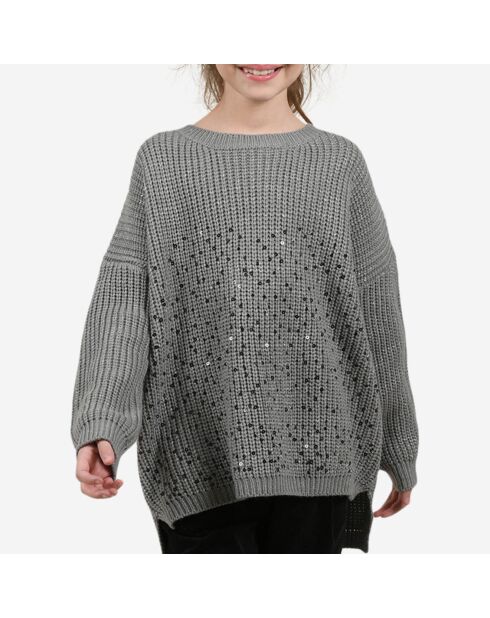 Pull ample en maille & strass ajourées gris