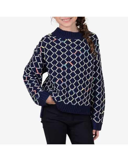 Pull en maille imprimé graphiques losanges bleu marine