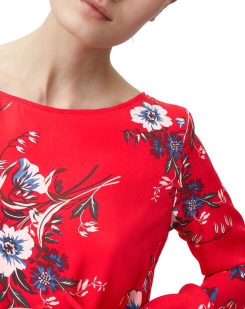 Robe en Viscose & Soie imprimée grosses fleurs rouge