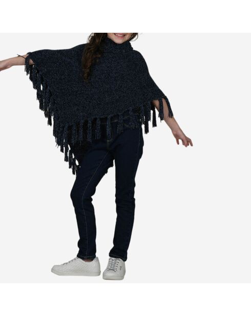 Poncho en maille unie à franges bleu marine