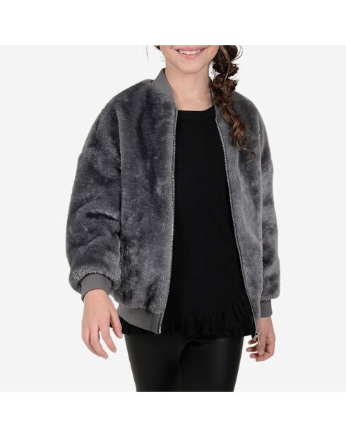 Blouson esprit bomber effet fourrure unie gris foncé