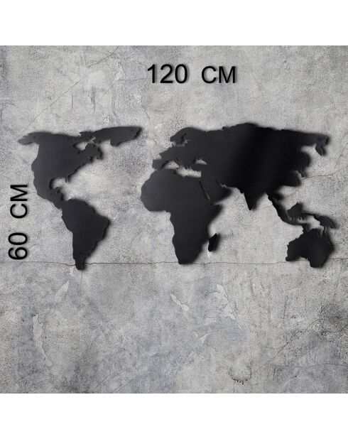 Metalen wanddecoratie Zwarte wereldkaart - 60x120 cm