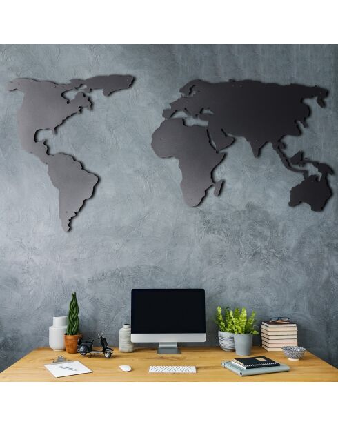 Metalen wanddecoratie Zwarte wereldkaart - 60x120 cm