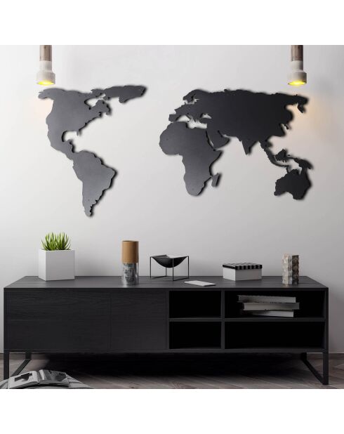 Metalen wanddecoratie Zwarte wereldkaart - 60x120 cm
