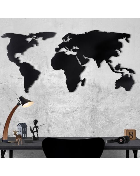 Metalen wanddecoratie Zwarte wereldkaart - 60x120 cm